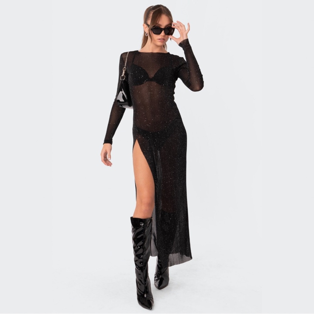 Chic Black Glitter Sheer Dress